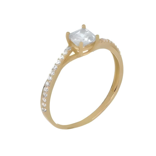 Gold solitaire ring with lines with zircons